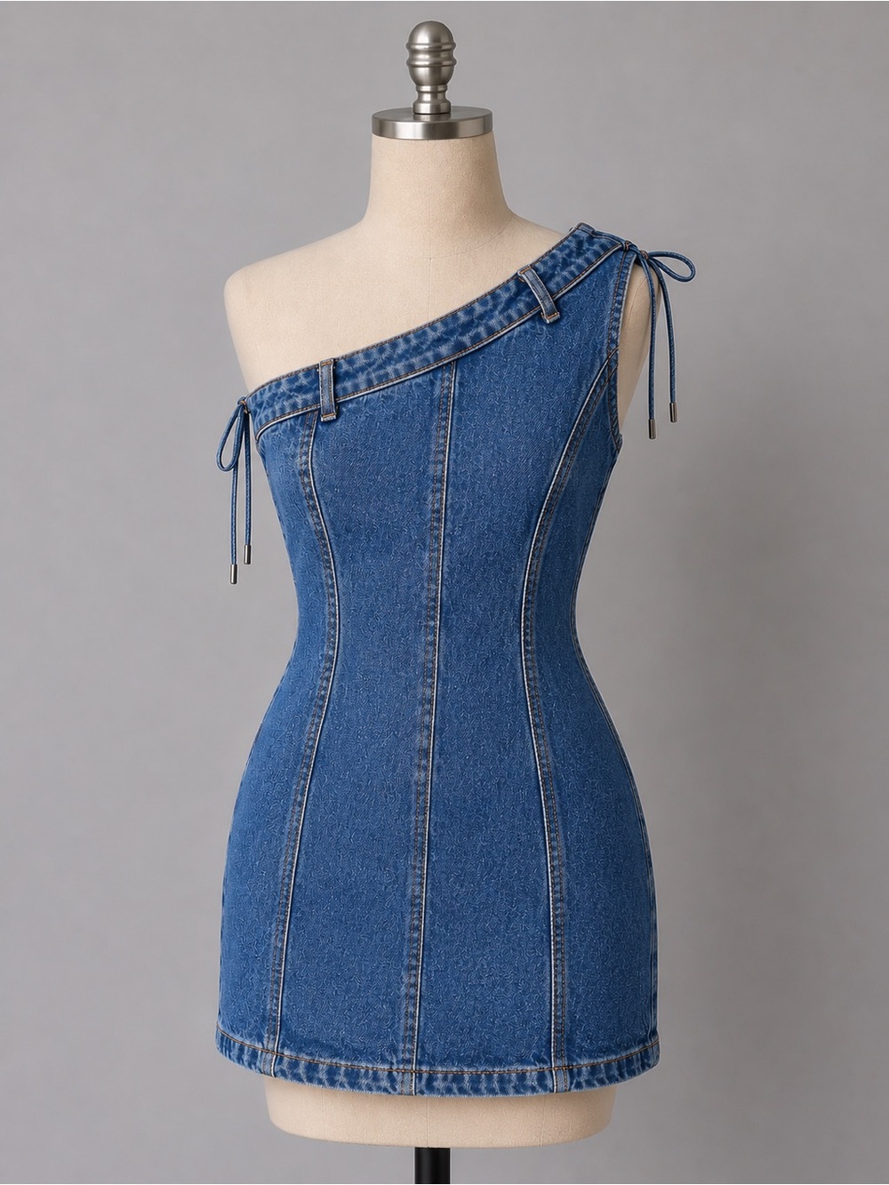 Zara One-Shoulder Denim Mini Dress in Blue